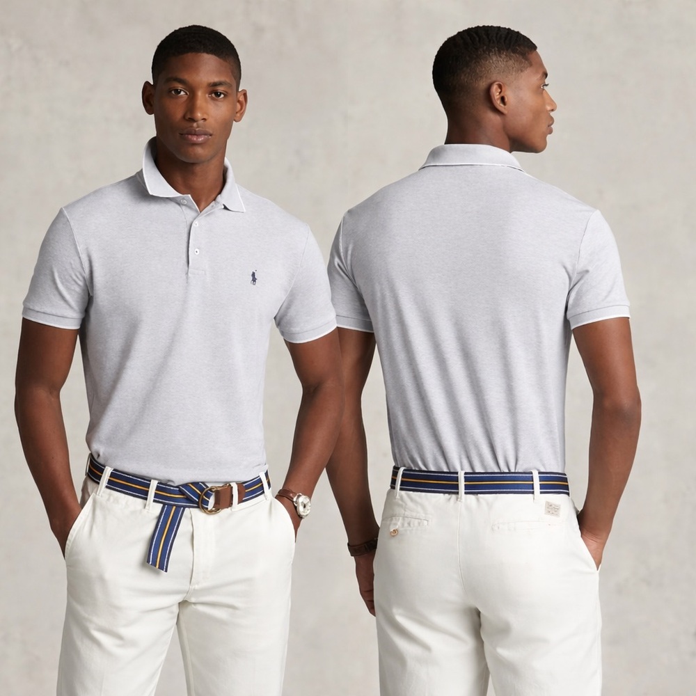 Polo Ralph Lauren Custom Slim Fit Birdseye Polo Shirt Gray White Trim Large